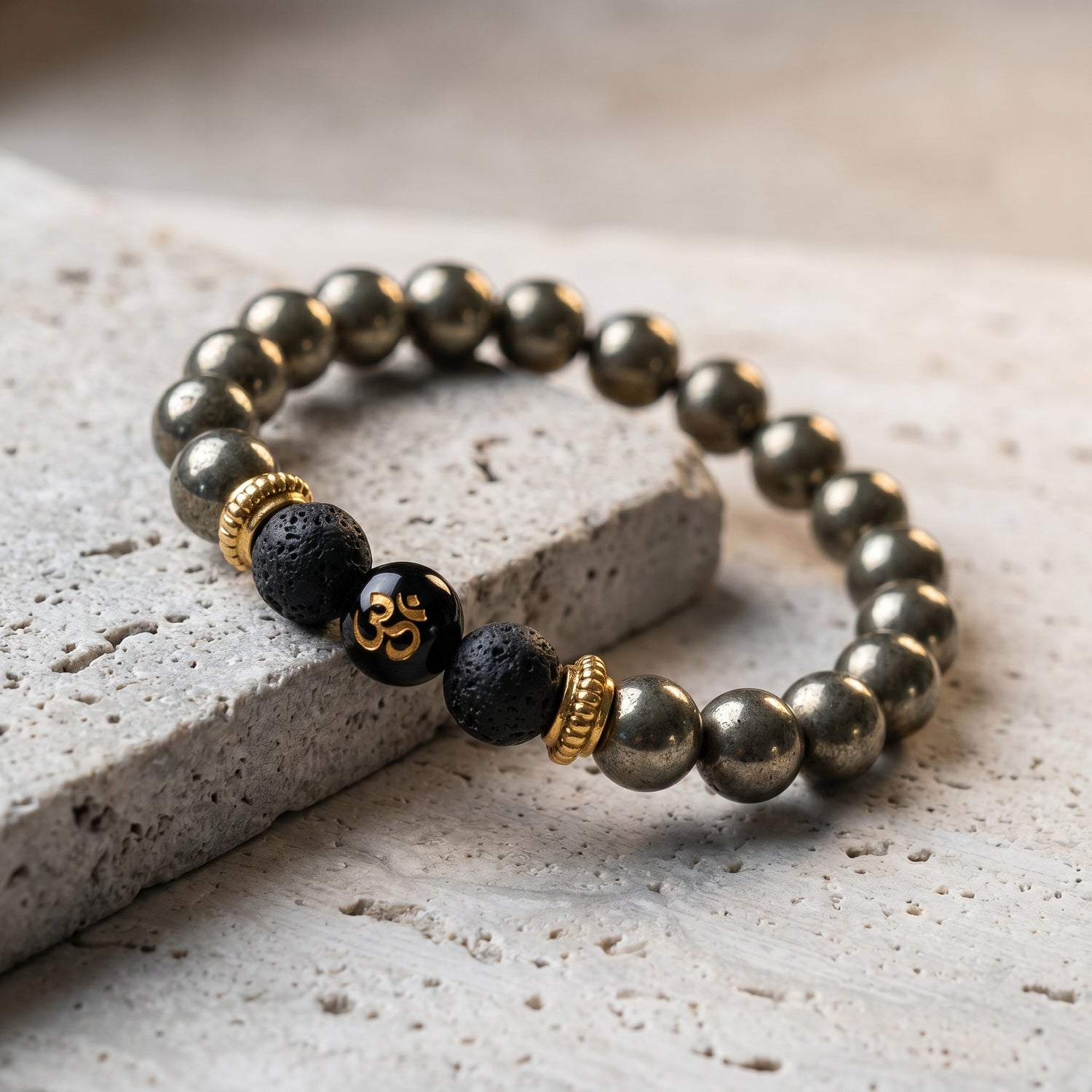 Om Bead Raw Pyrite Bracelet