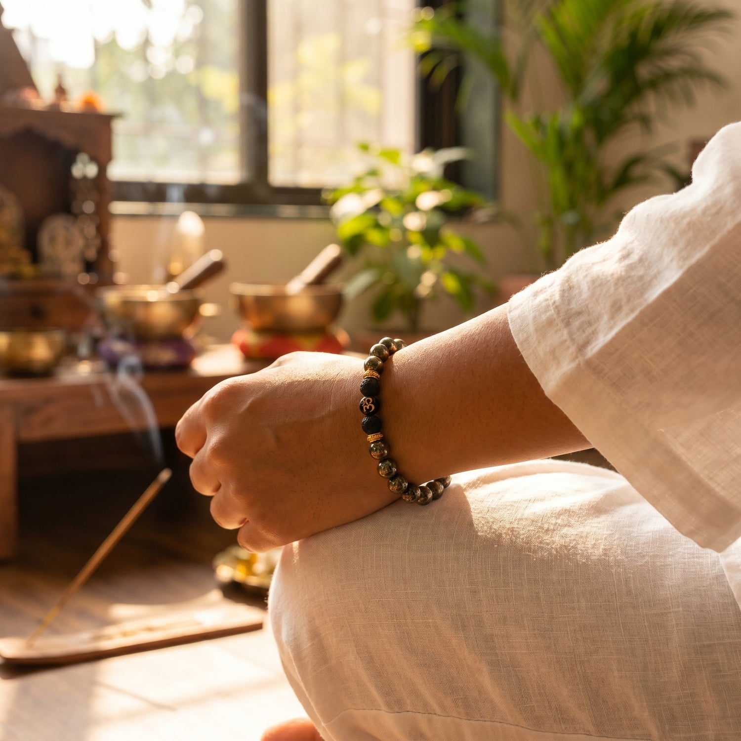 Om Bead Raw Pyrite Bracelet