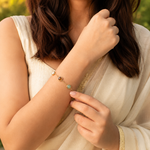 Dhan Yog crystal bracelet worn on wrist, close-up of 6mm natural stone beads