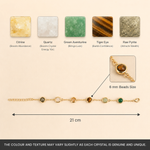 Five crystals used in Dhan Yog bracelet — pyrite, citrine, quartz, green aventurine, tiger eye