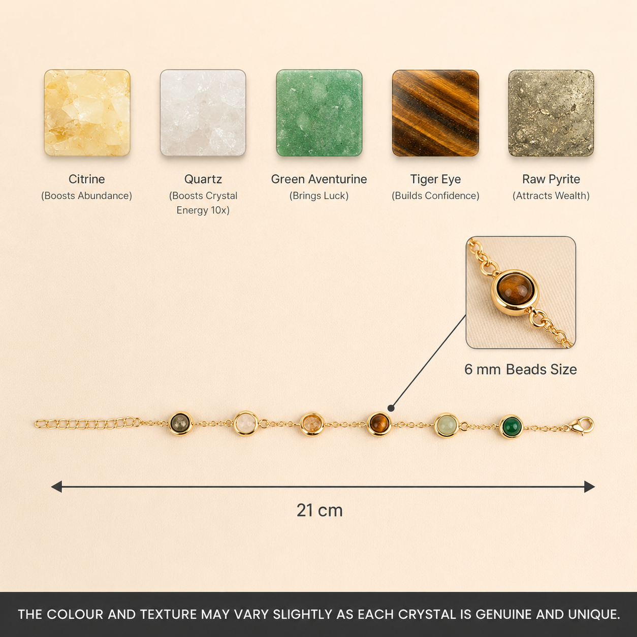 Five crystals used in Dhan Yog bracelet — pyrite, citrine, quartz, green aventurine, tiger eye